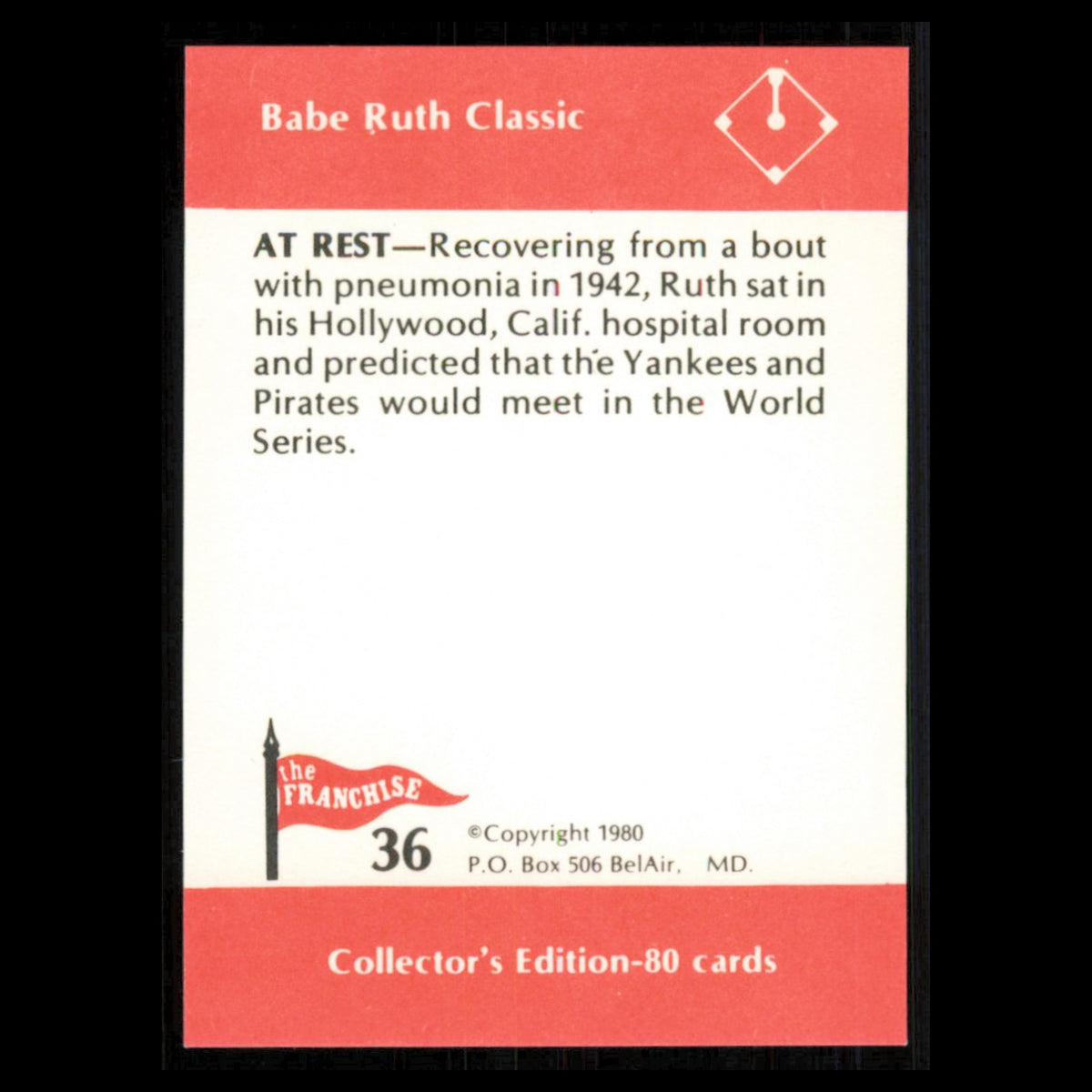 Babe Ruth #36 1980 The Franchise Babe Ruth Classic Baseball Card MLB NM