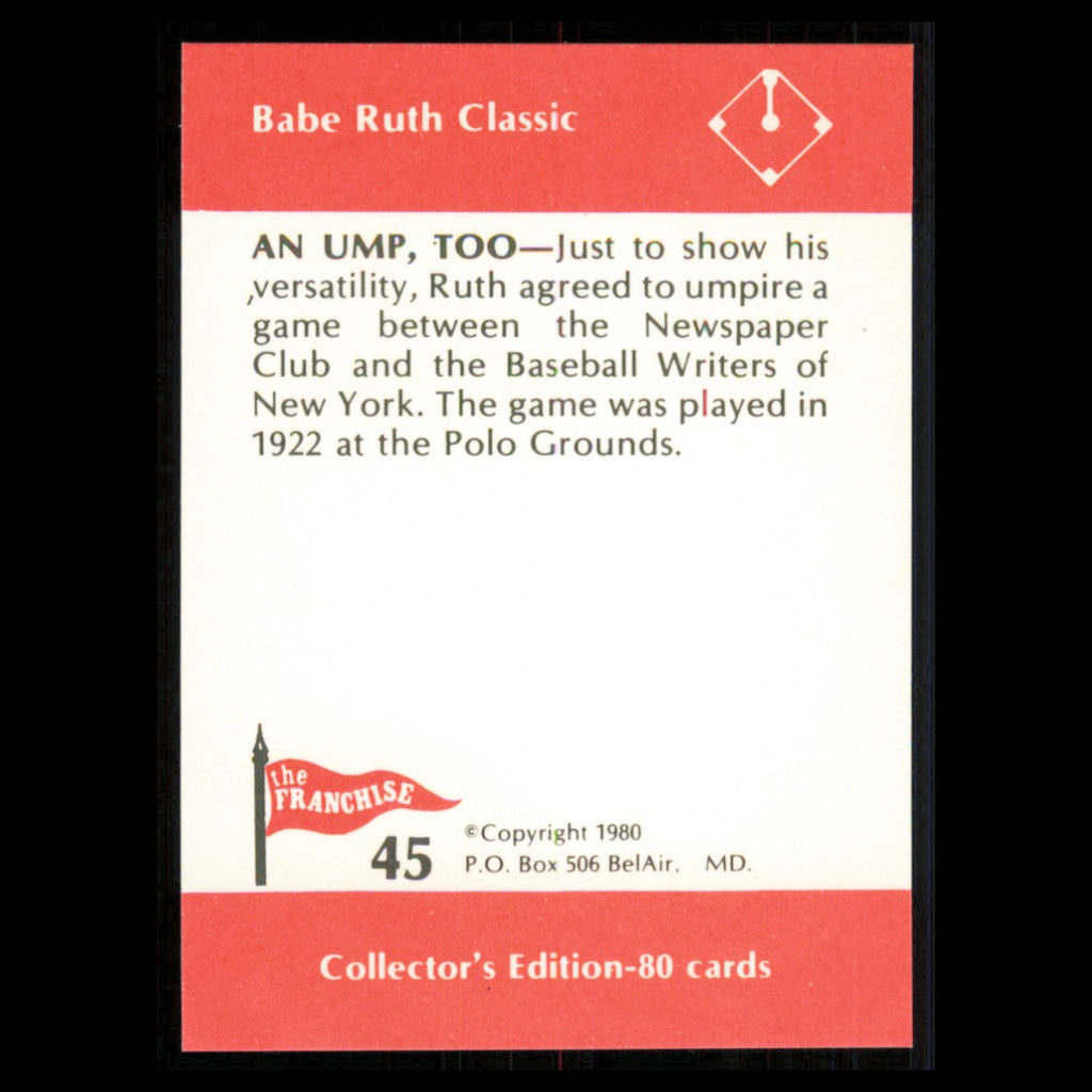 Babe Ruth #45 1980 The Franchise Babe Ruth Classic Baseball Card MLB NM