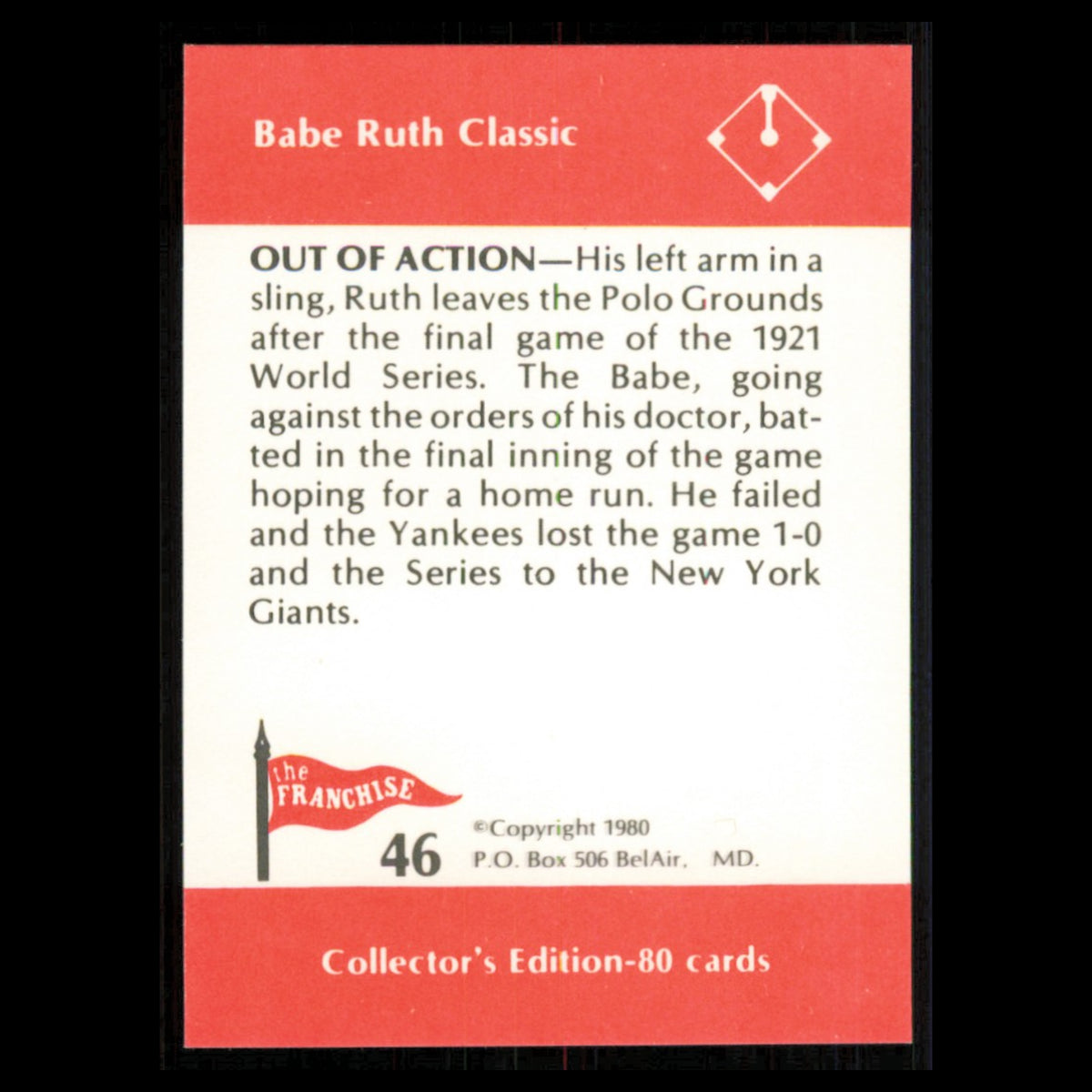 Babe Ruth #46 1980 The Franchise Babe Ruth Classic Baseball Card MLB NM