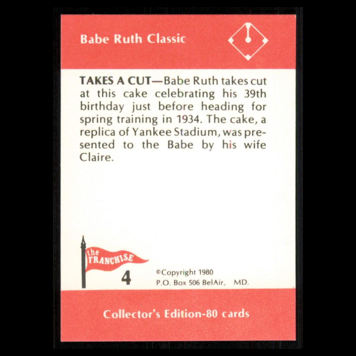 Babe Ruth #4 1980 The Franchise Babe Ruth Classic New York Yankees Baseball Card
