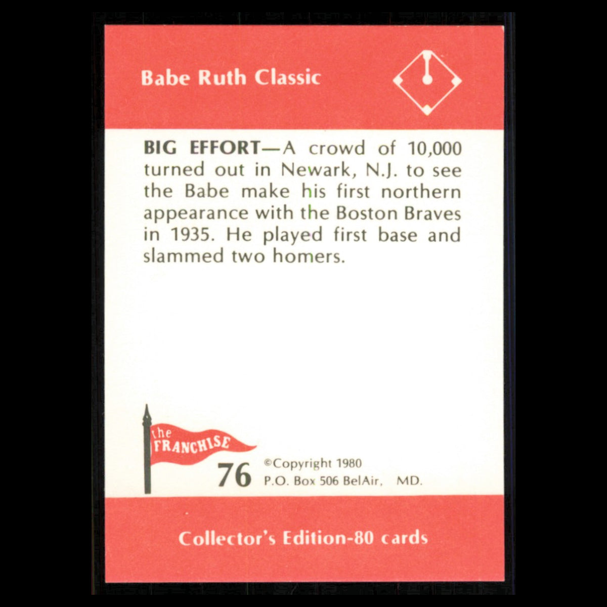 Babe Ruth #76 1980 The Franchise Babe Ruth Classic Boston Braves Baseball Card