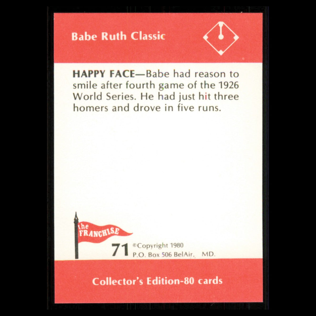 Babe Ruth #71 1980 The Franchise Babe Ruth Classic Baseball Card MLB NM
