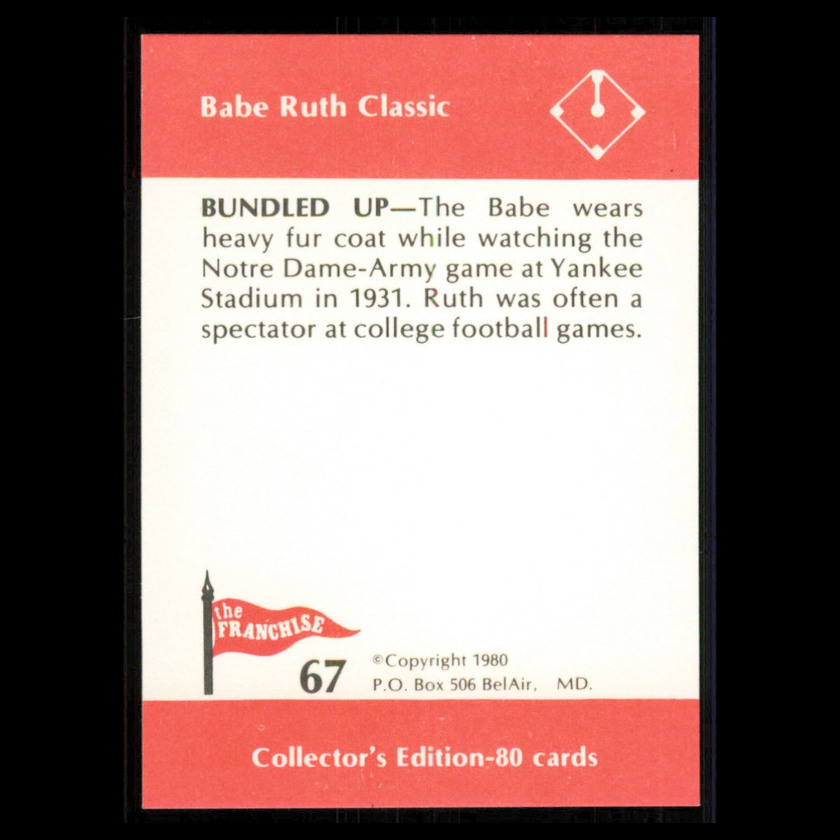 Babe Ruth #67 1980 The Franchise Babe Ruth Classic Baseball Card MLB NM