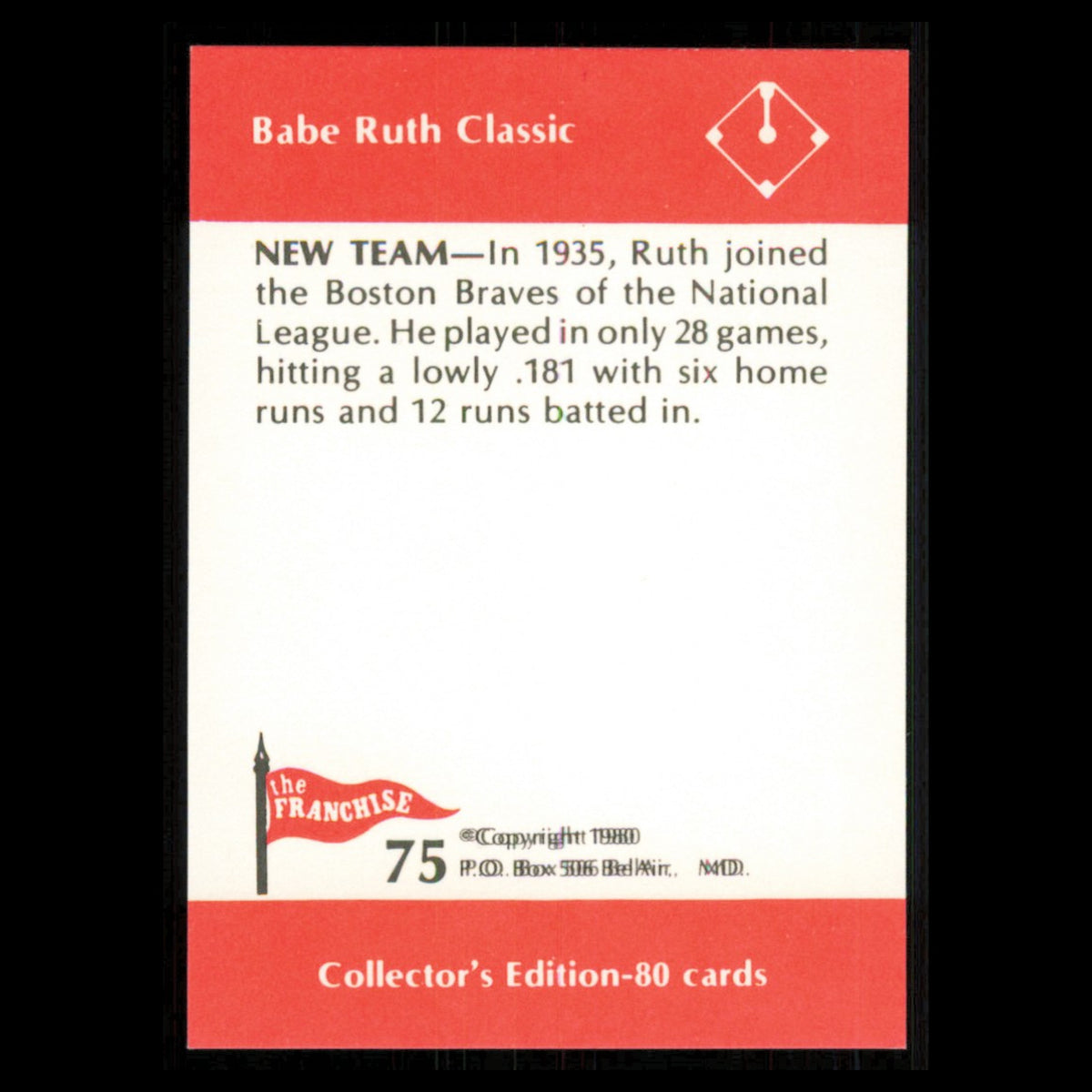 Babe Ruth #75 1980 The Franchise Babe Ruth Classic Boston Braves Baseball Card