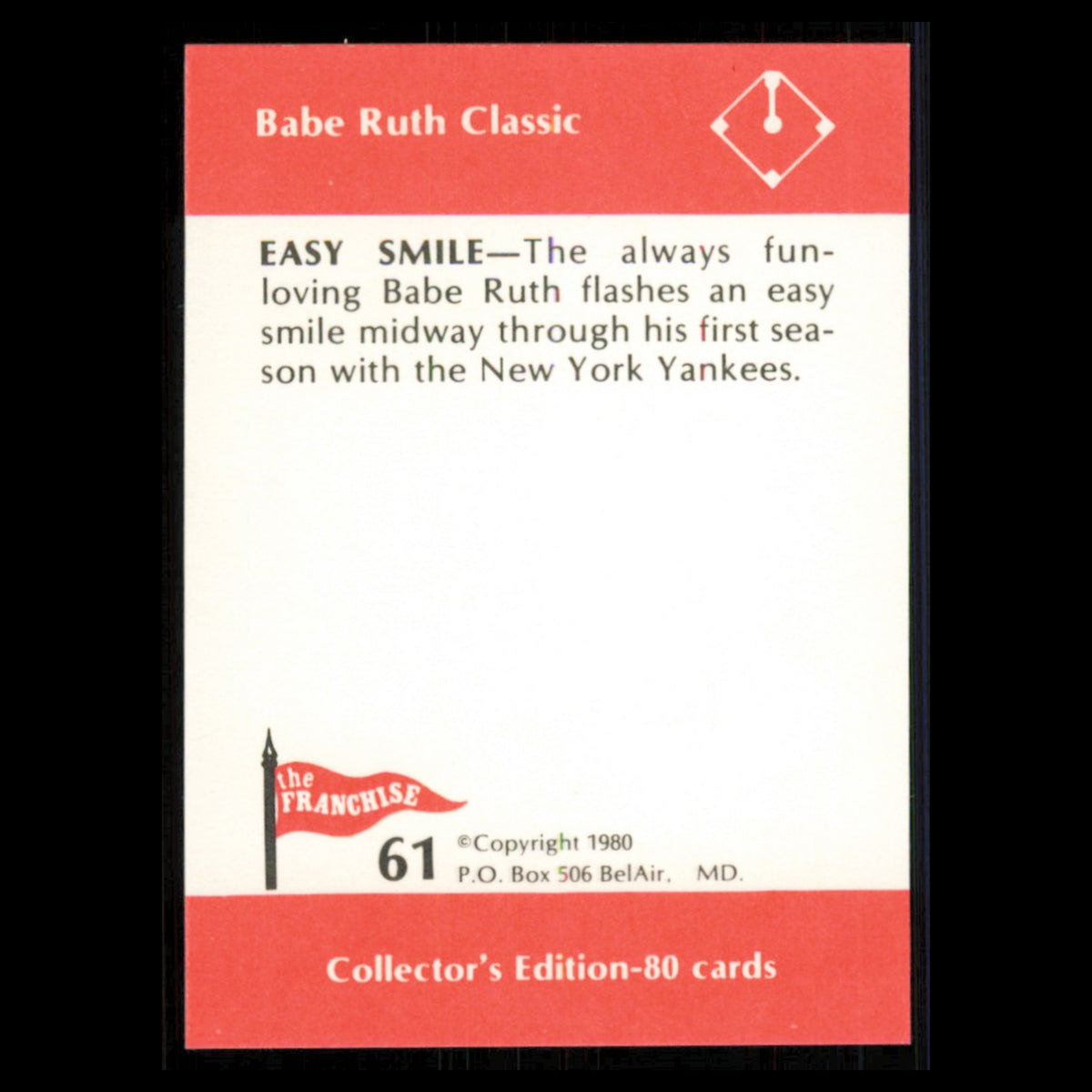 Babe Ruth #61 1980 The Franchise Babe Ruth Classic Baseball Card MLB NM