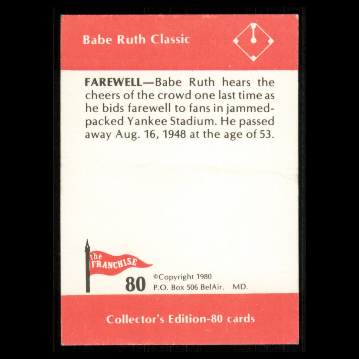 Babe Ruth #80 1980 The Franchise Babe Ruth Classic New York Yankees Baseball MLB