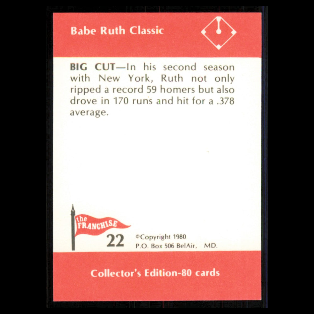 Babe Ruth #22 1980 The Franchise Babe Ruth Classic New York Yankees Baseball MLB