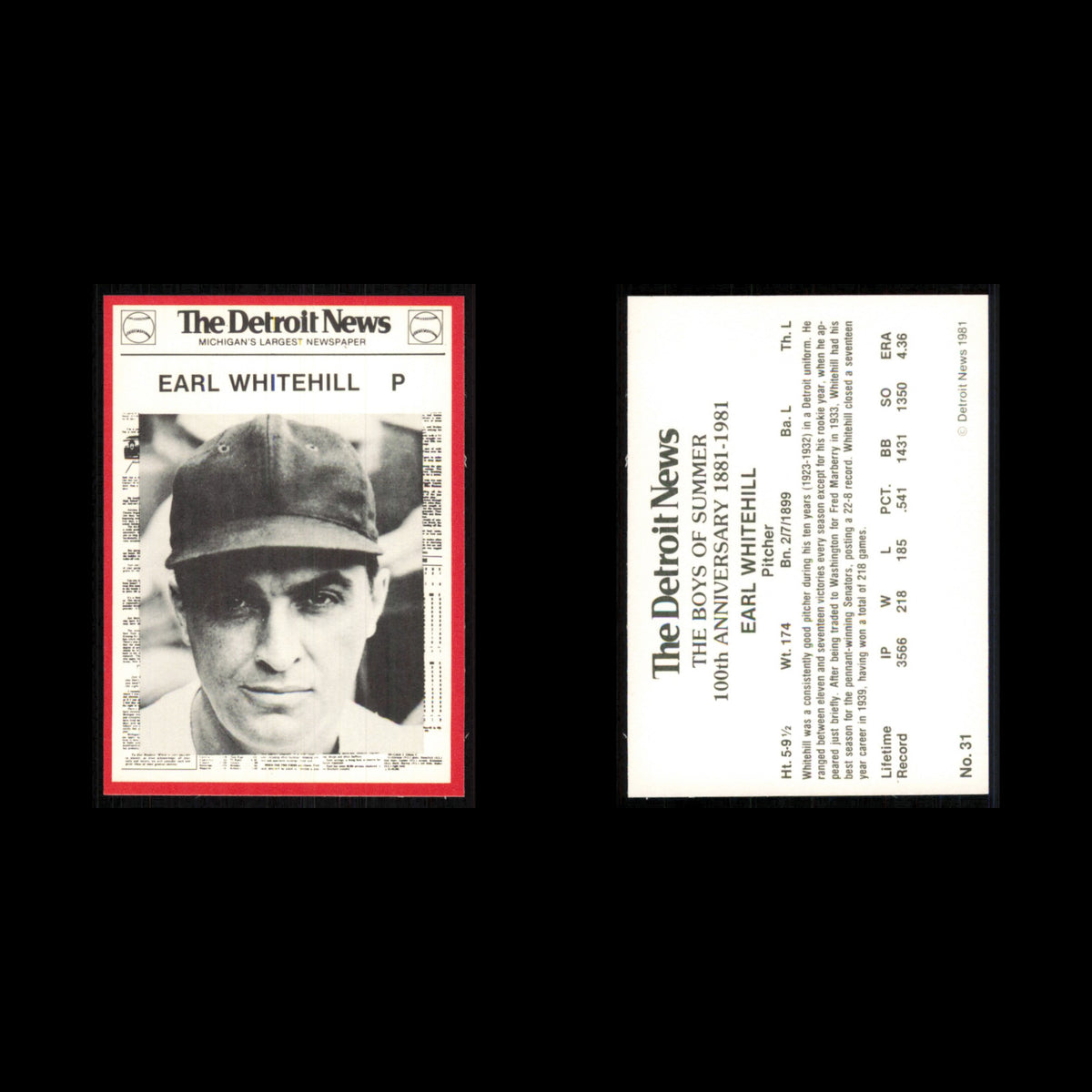 Earl Whitehill #31 1981 Detroit News Detroit Tigers Baseball Card MLB NM