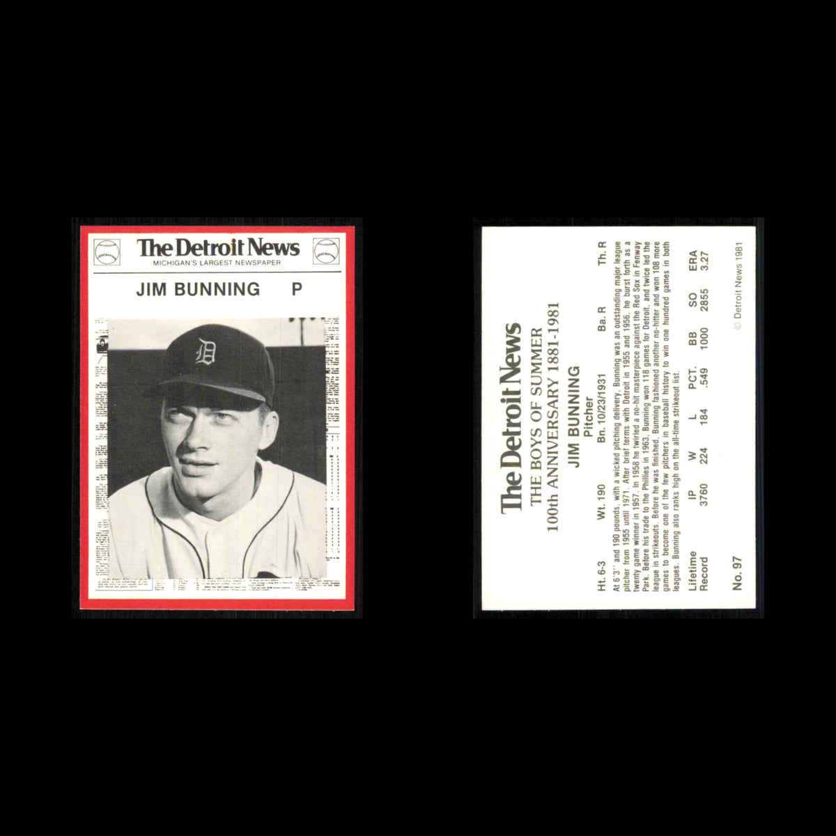 Jim Bunning #97 1981 Detroit News Detroit Tigers Baseball Card MLB NM