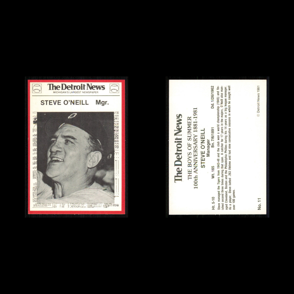 Steve Oneill #11 1981 Detroit News Detroit Tigers Baseball Card MLB NM
