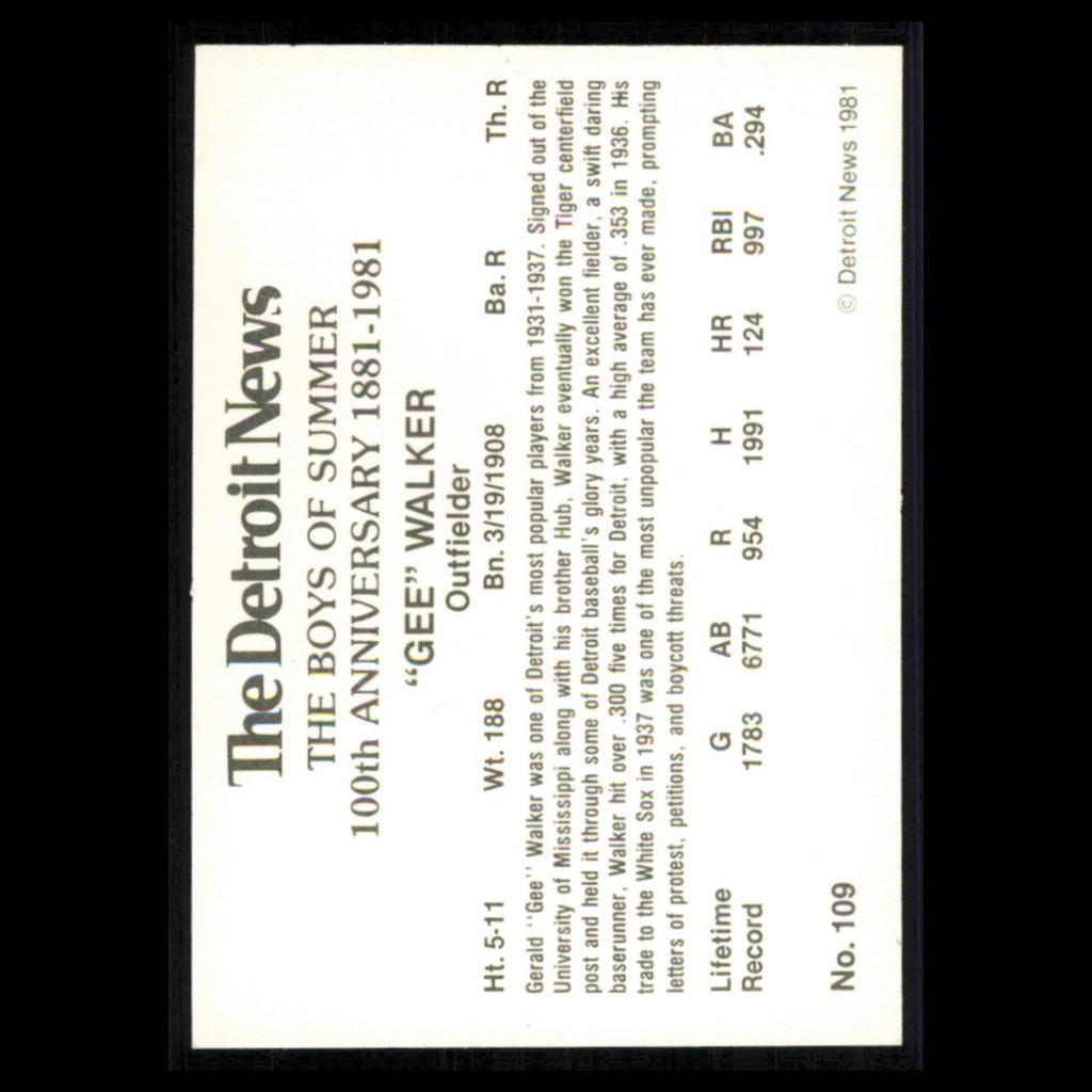 Gee Walker #109 1981 Detroit News Detroit Tigers Baseball Card MLB NM