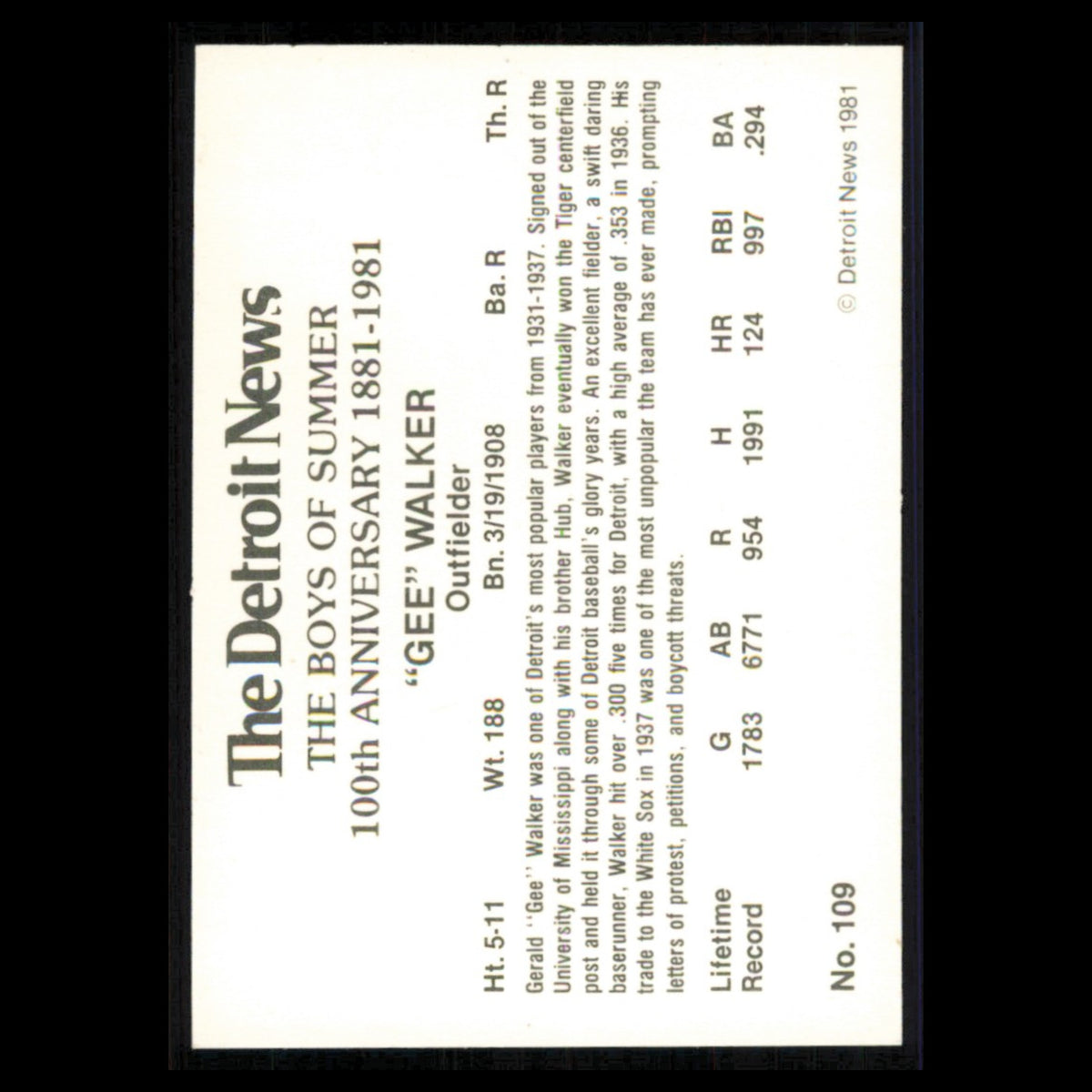 Gee Walker #109 1981 Detroit News Detroit Tigers Baseball Card MLB NM