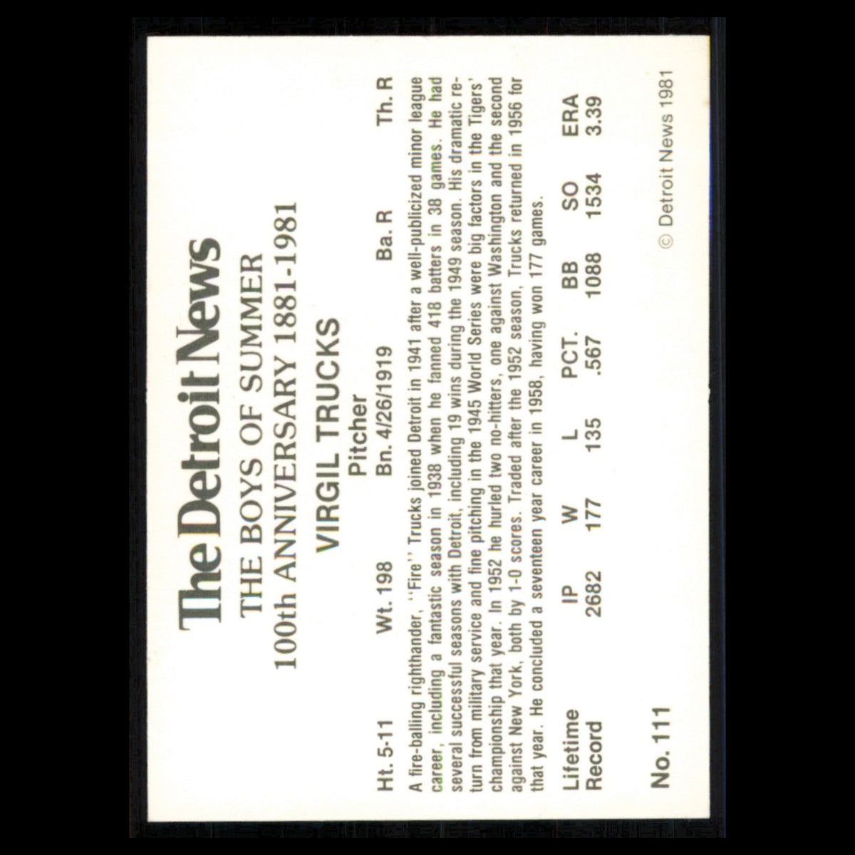 Virgil Trucks #111 1981 Detroit News Detroit Tigers Baseball Card MLB NM