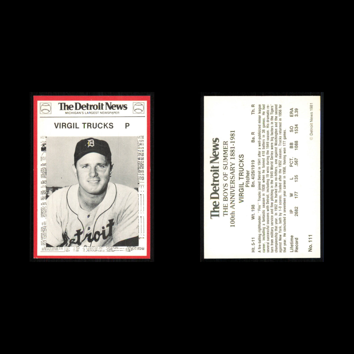 Virgil Trucks #111 1981 Detroit News Detroit Tigers Baseball Card MLB NM