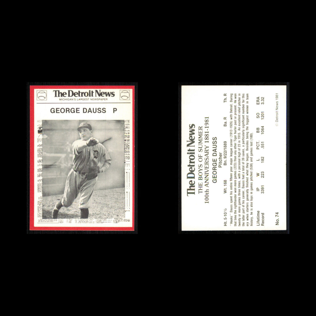 George Dauss #74 1981 Detroit News Detroit Tigers Baseball Card MLB NM