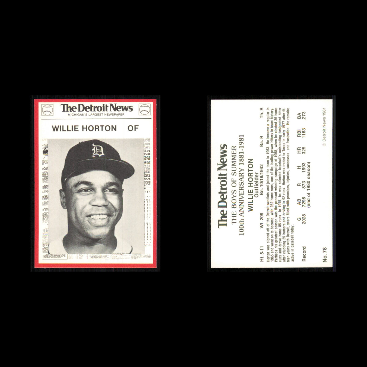 Willie Horton #78 1981 Detroit News Detroit Tigers Baseball Card MLB NM