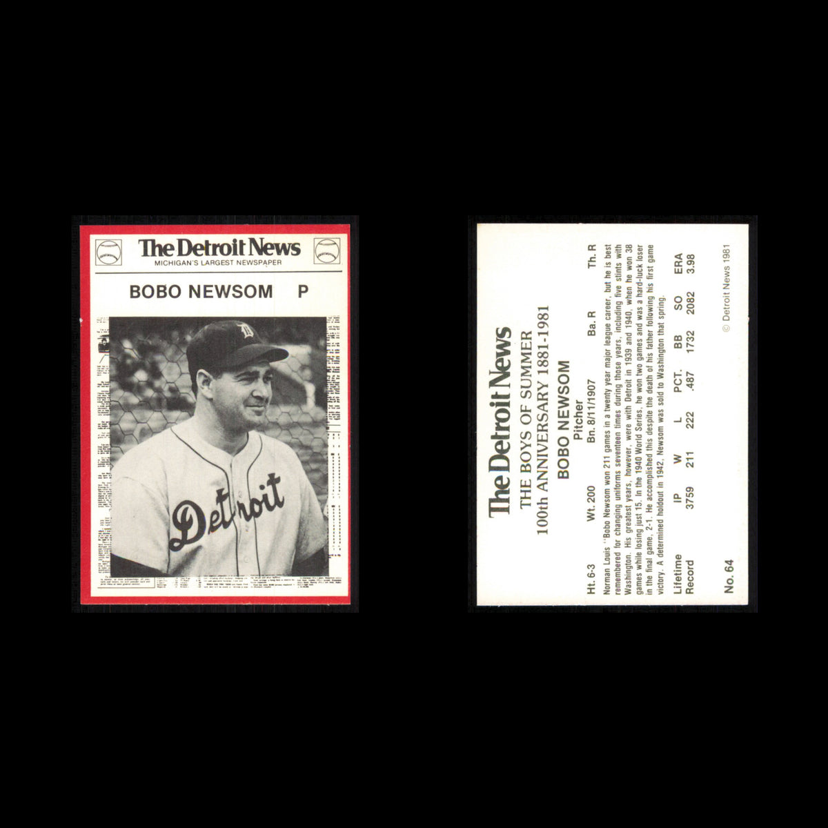 Bobo Newsom #64 1981 Detroit News Detroit Tigers Baseball Card MLB NM