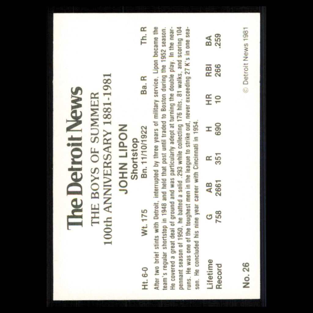 John Lipon #26 1981 Detroit News Detroit Tigers Baseball Card MLB NM