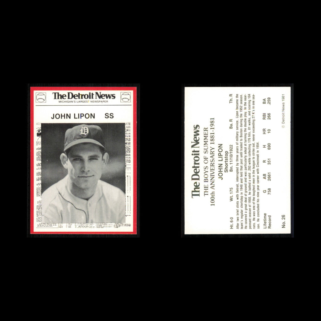 John Lipon #26 1981 Detroit News Detroit Tigers Baseball Card MLB NM