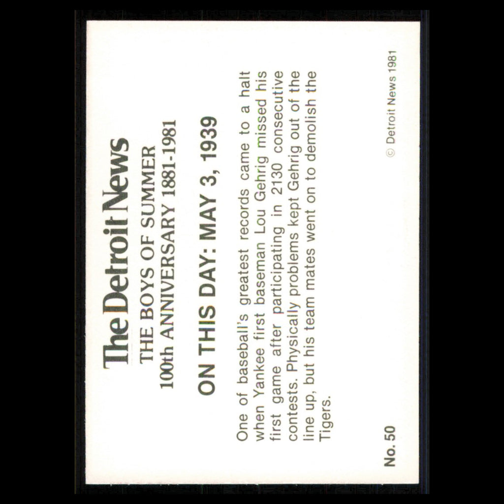 Lou Gehrig Streak Ends in Detroit At 2,130 Games #50 1981 Detroit News Yankees