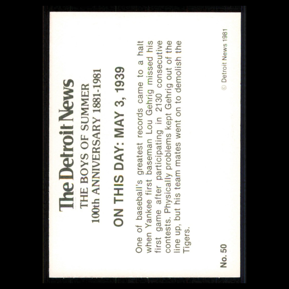 Lou Gehrig Streak Ends in Detroit At 2,130 Games #50 1981 Detroit News Yankees