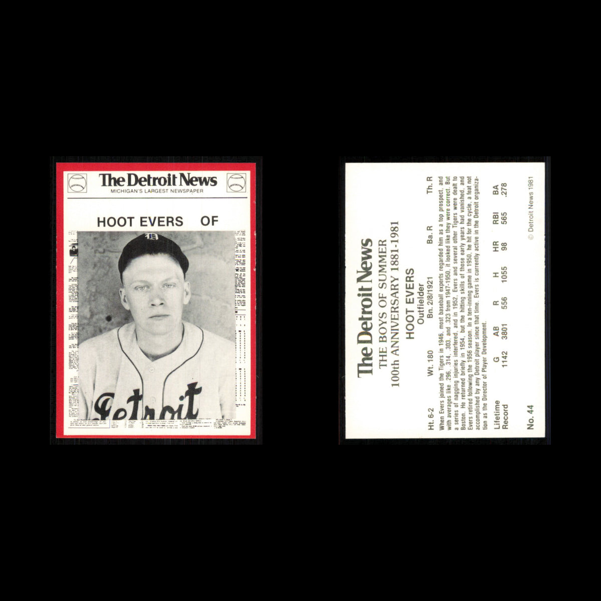 Hoot Evers #44 1981 Detroit News Detroit Tigers Baseball Card MLB NM