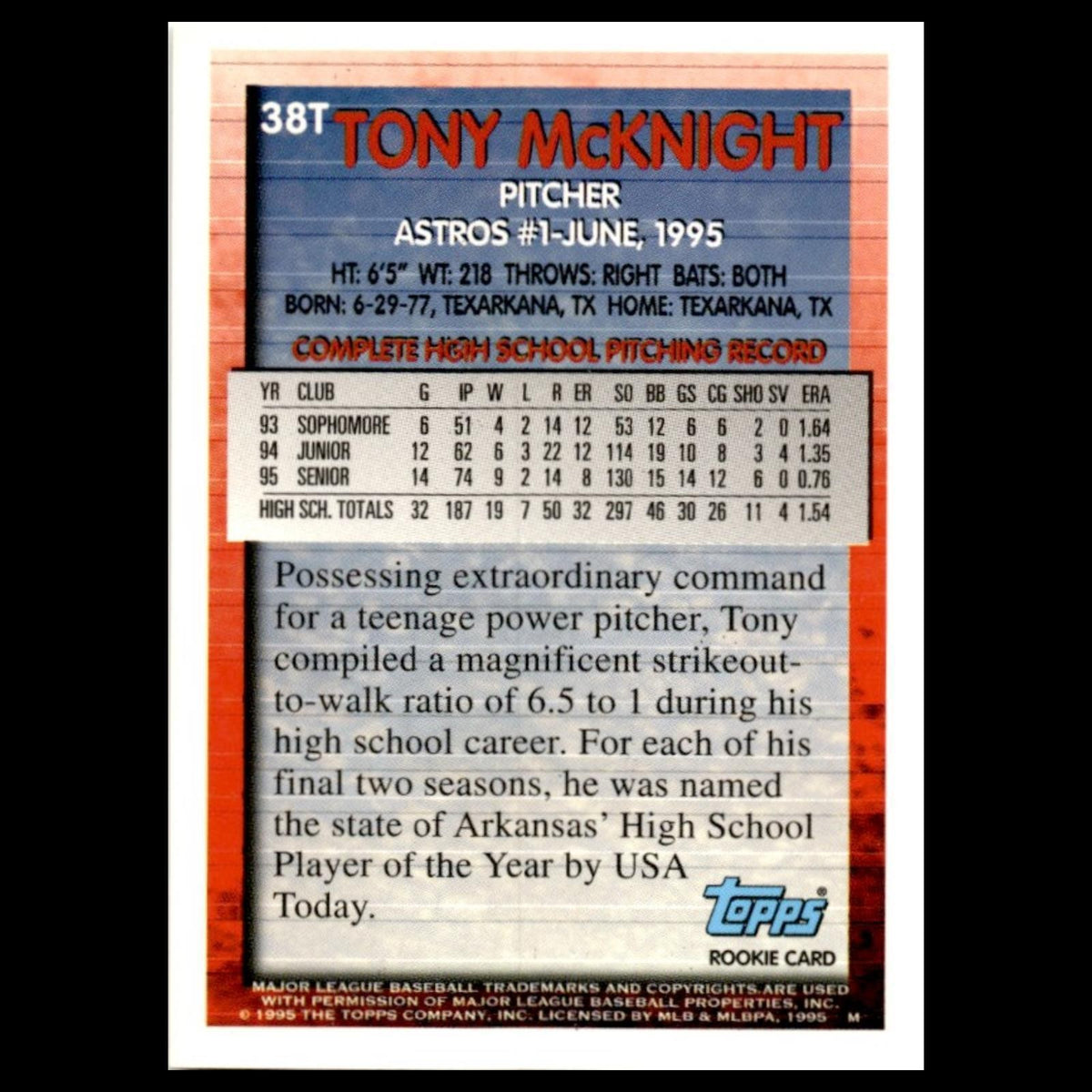 Tony McKnight Rookie #38T 1995 Topps Traded - Rookies Houston Astros Baseball NM