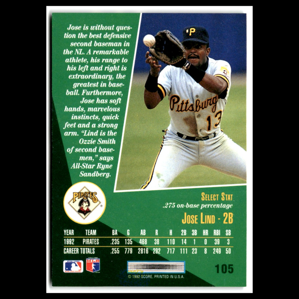 Jose Lind #105 1993 Select Pittsburgh Pirates Baseball Card MLB NM