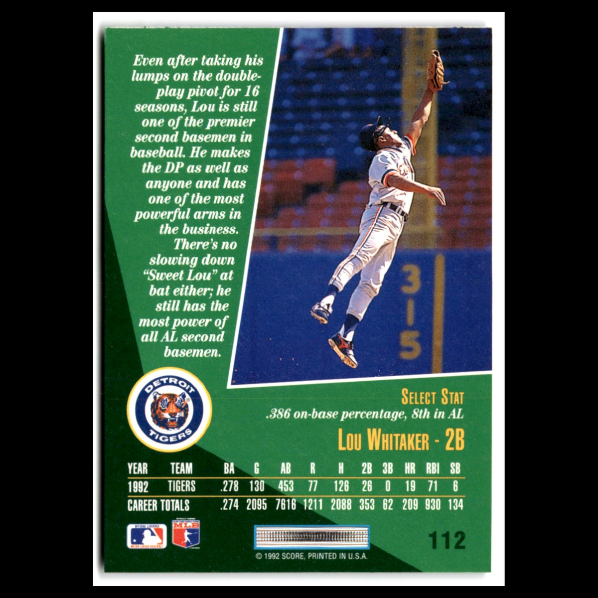 Lou Whitaker #112 1993 Select Detroit Tigers Baseball Card MLB NM