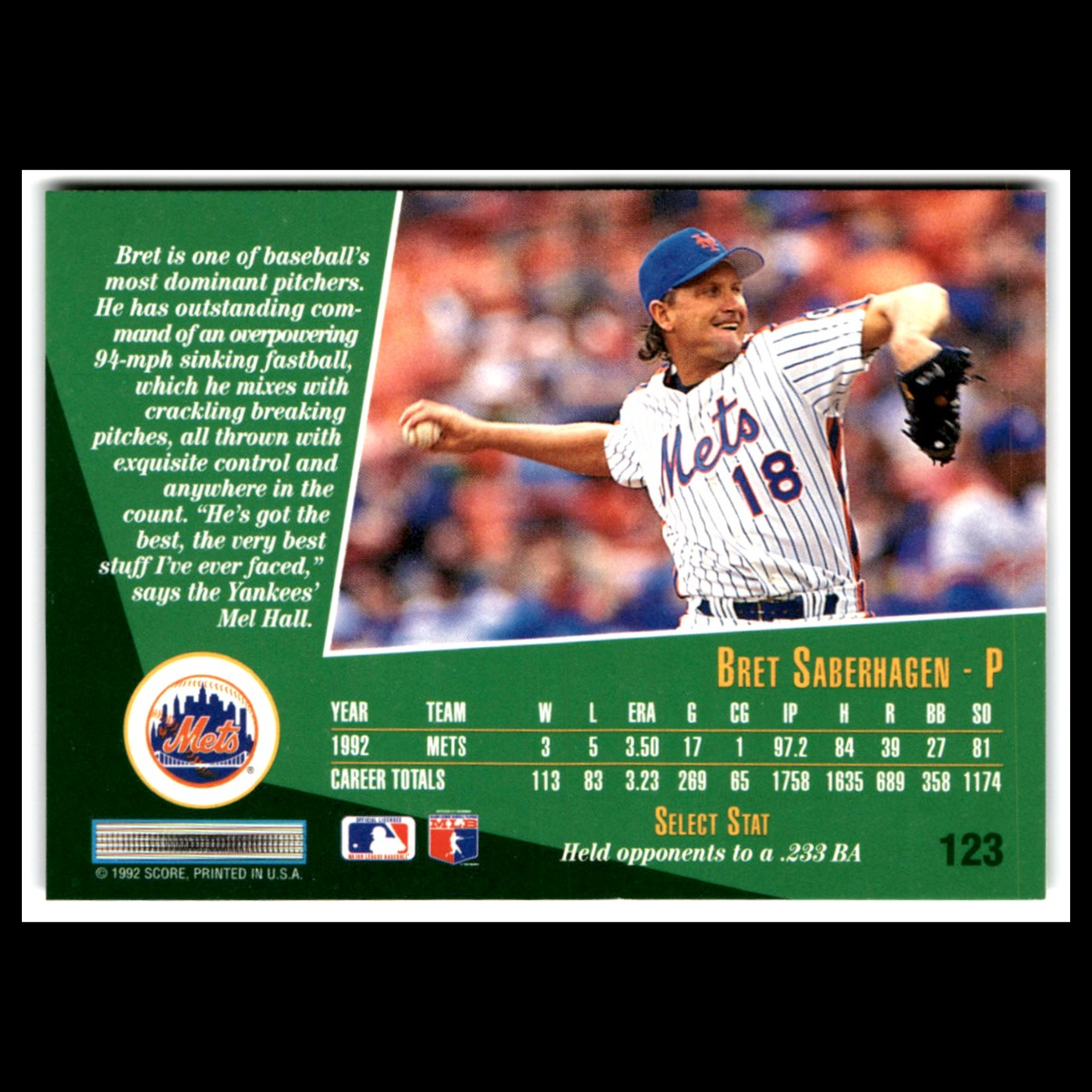 Bret Saberhagen #123 1993 Select New York Mets Baseball Card MLB NM