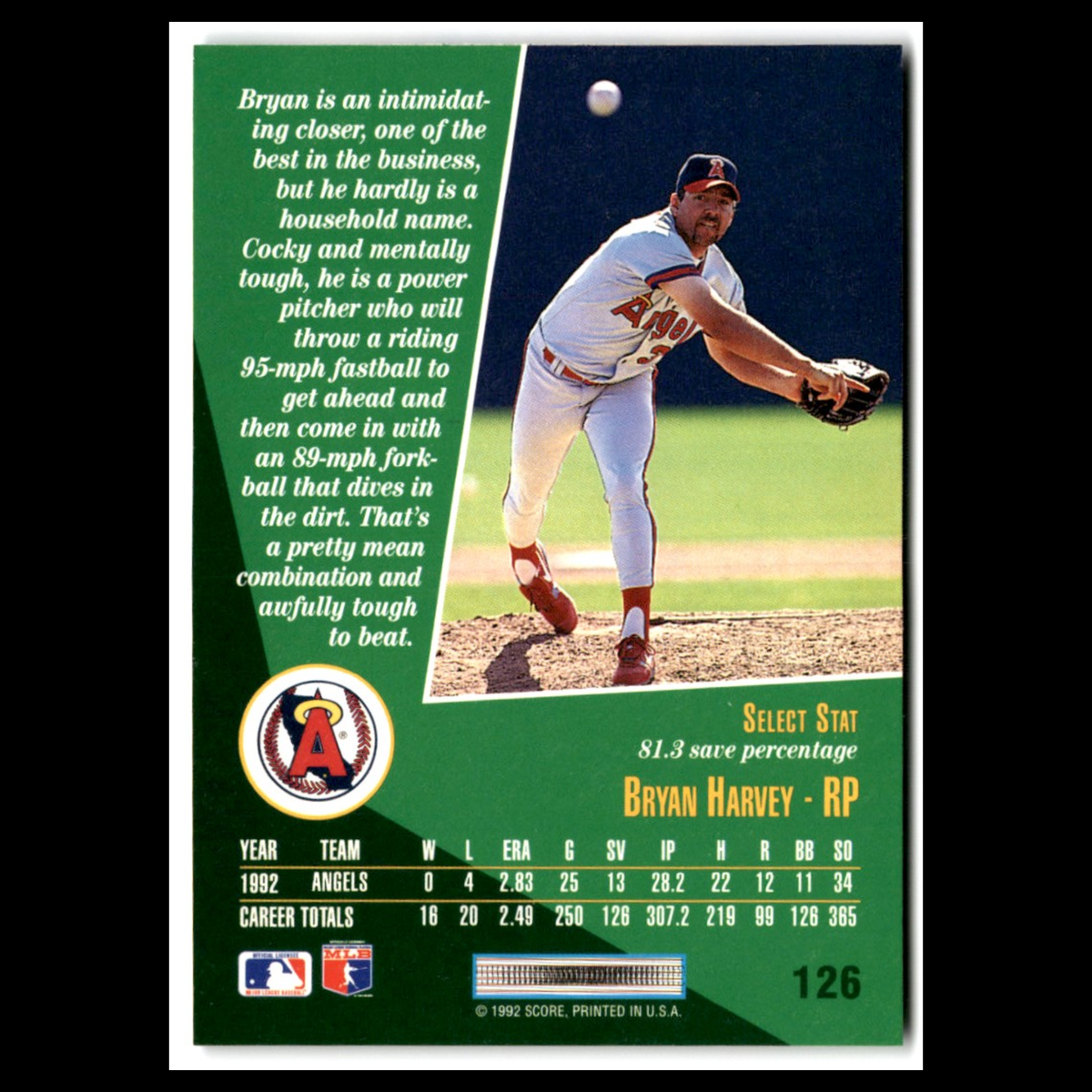 Bryan Harvey #126 1993 Select California Angels Baseball Card MLB NM