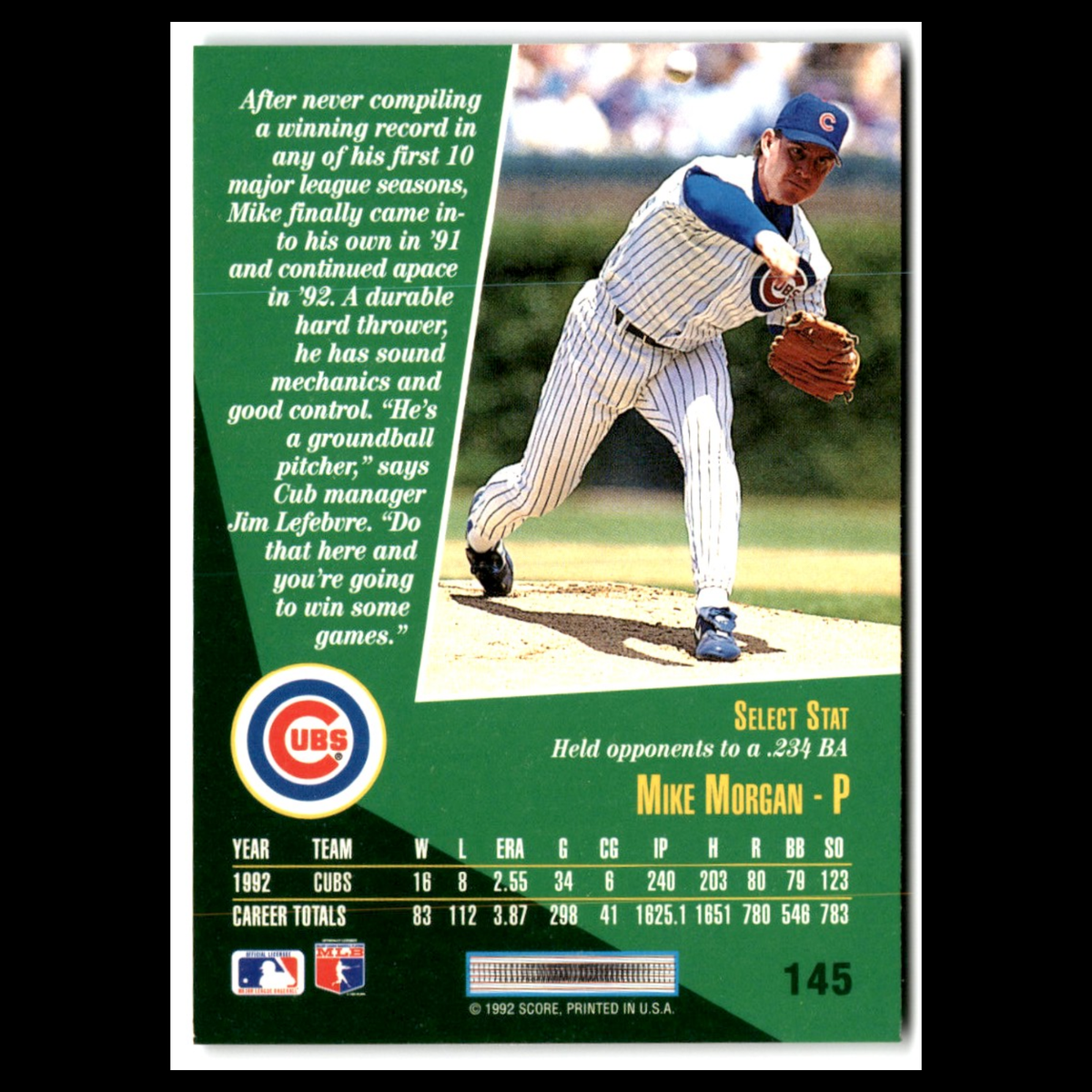 Mike Morgan #145 1993 Select Chicago Cubs Baseball Card MLB NM