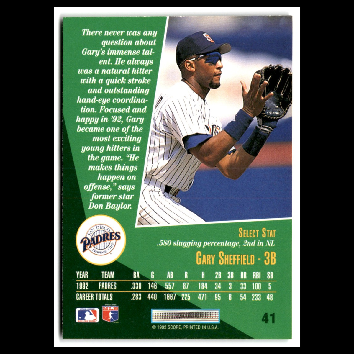 Gary Sheffield #41 1993 Select San Diego Padres Baseball Card MLB NM