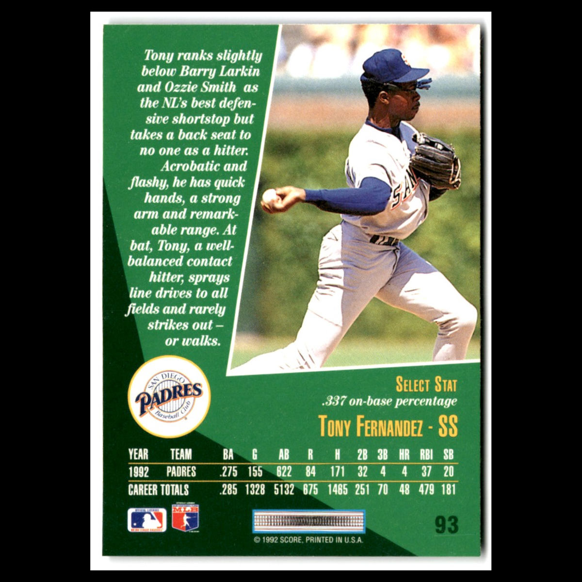 Tony Fernandez #93 1993 Select San Diego Padres Baseball Card MLB NM