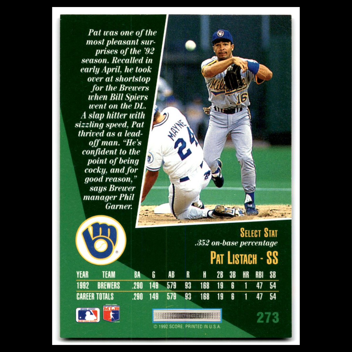 Pat Listach Rookie #273 1993 Select Milwaukee Brewers Baseball Card MLB NM