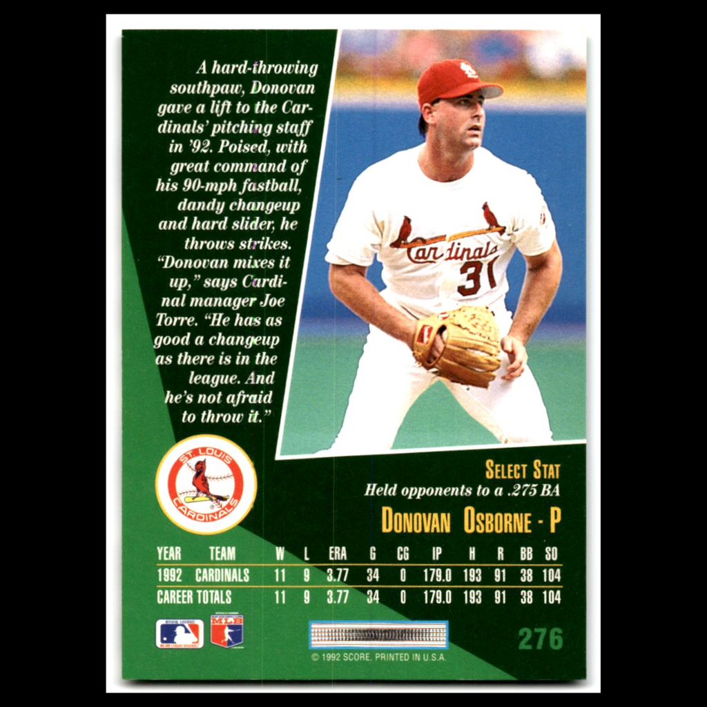 Donovan Osborne Rookie #276 1993 Select St. Louis Cardinals Baseball Card MLB NM
