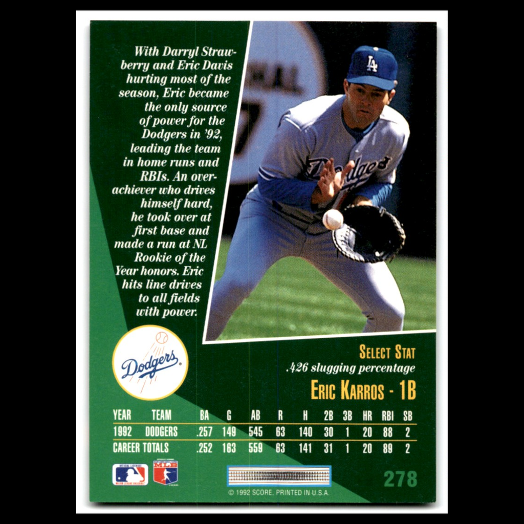 Eric Karros Rookie #278 1993 Select Los Angeles Dodgers Baseball Card MLB NM