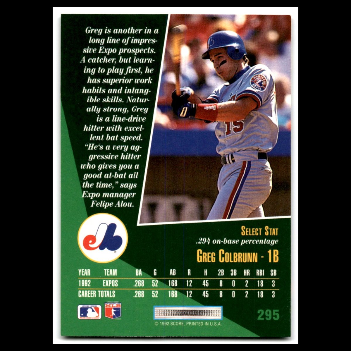 Greg Colbrunn Rookie #295 1993 Select Montreal Expos Baseball Card MLB NM