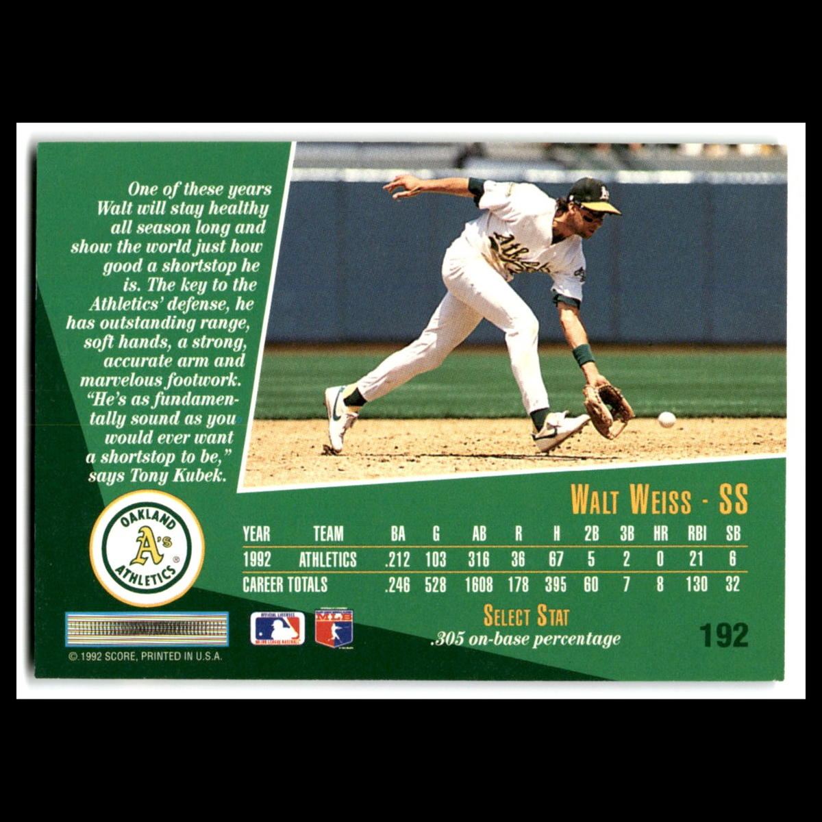 Walt Weiss #192 1993 Select Oakland Athletics Baseball Card MLB NM