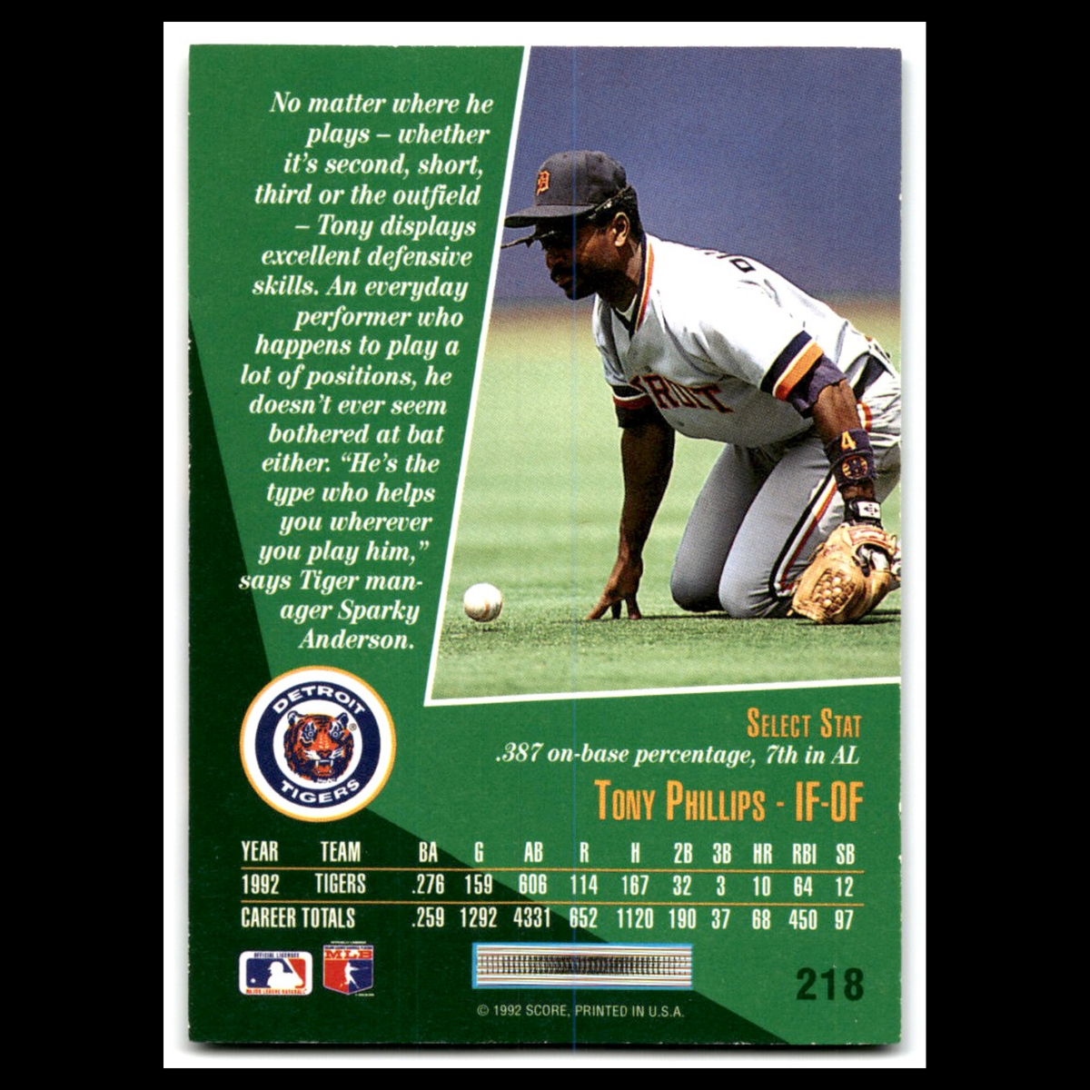 Tony Phillips #218 1993 Select Detroit Tigers Baseball Card MLB NM
