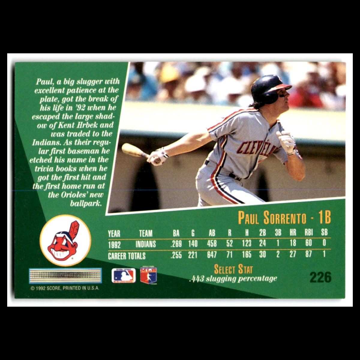 Paul Sorrento #226 1993 Select Cleveland Indians Baseball Card MLB NM