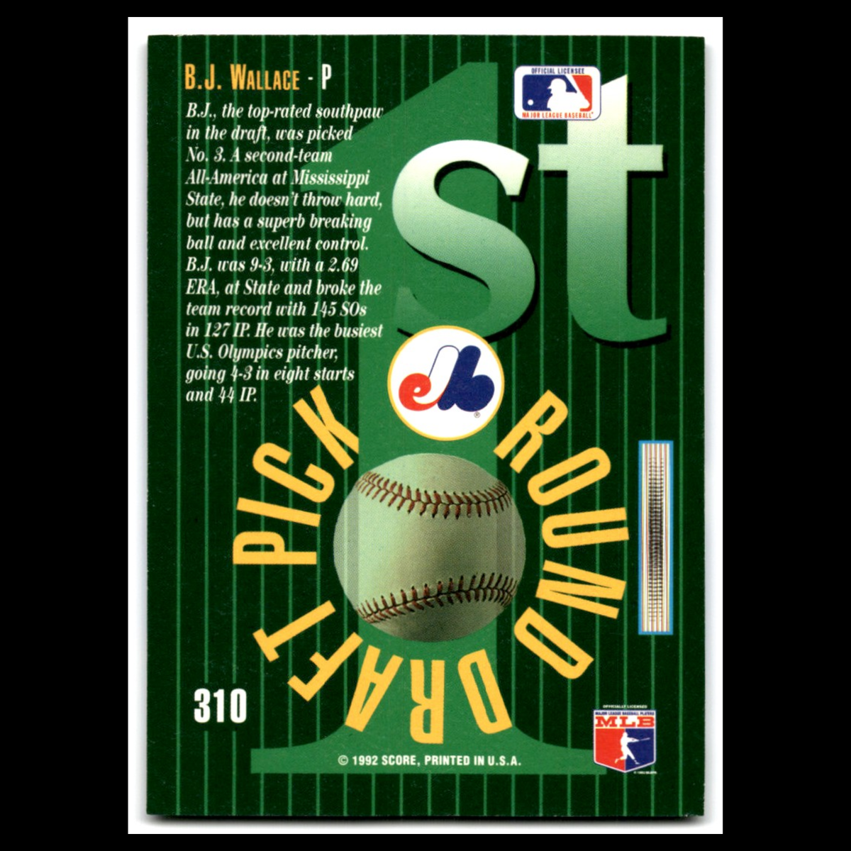 B.J. Wallace Rookie #310 1993 Select Montreal Expos Baseball Card MLB NM