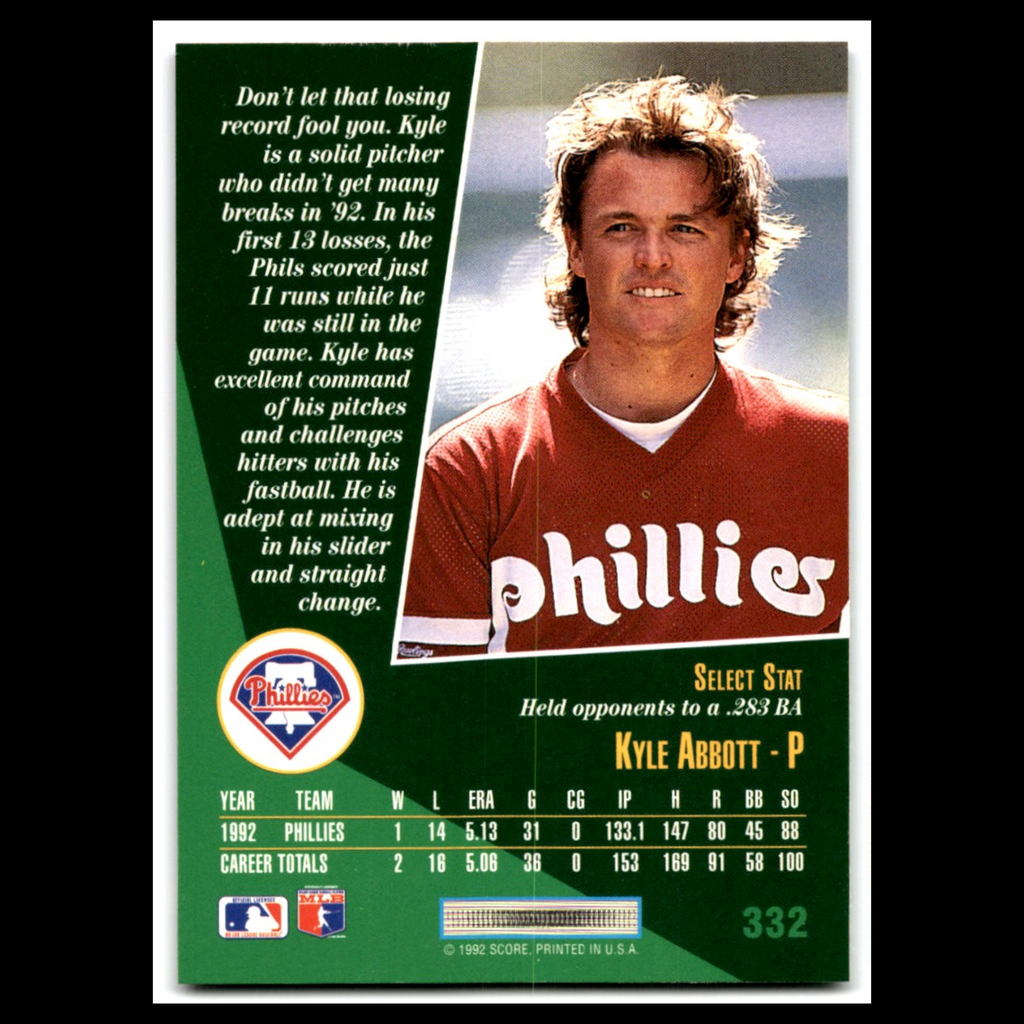 Kyle Abbott Rookie #332 1993 Select Philadelphia Phillies Baseball Card MLB NM