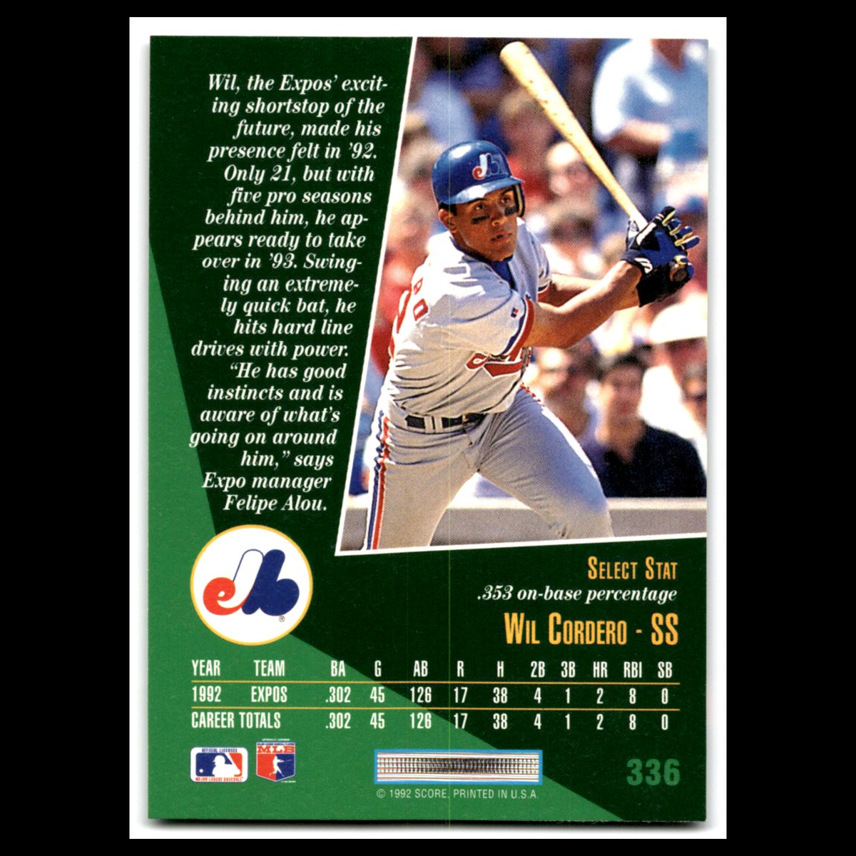 Wil Cordero Rookie #336 1993 Select Montreal Expos Baseball Card MLB NM