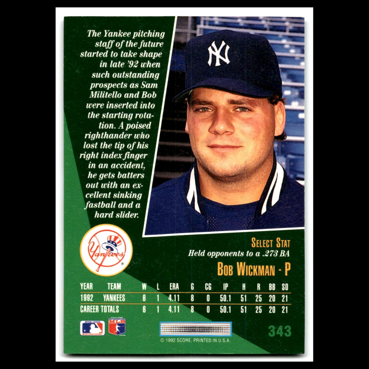 Bob Wickman Rookie #343 1993 Select New York Yankees Baseball Card MLB NM