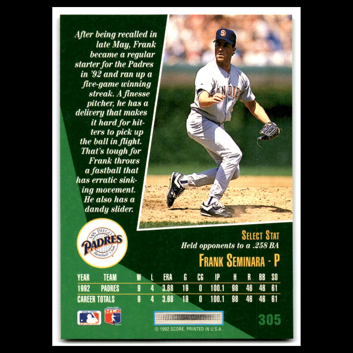 Frank Seminara Rookie #305 1993 Select San Diego Padres Baseball Card MLB NM