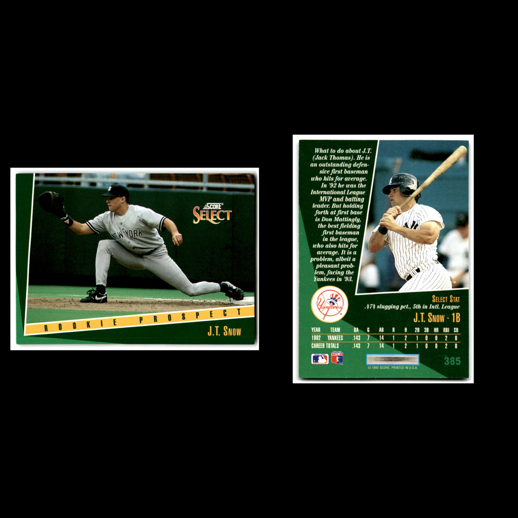 J.T. Snow Rookie #385 1993 Select New York Yankees Baseball Card MLB NM