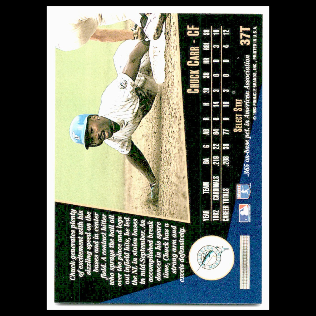 Chuck Carr Rookie #37T 1993 Select Rookie/Traded Florida Marlins Baseball Card
