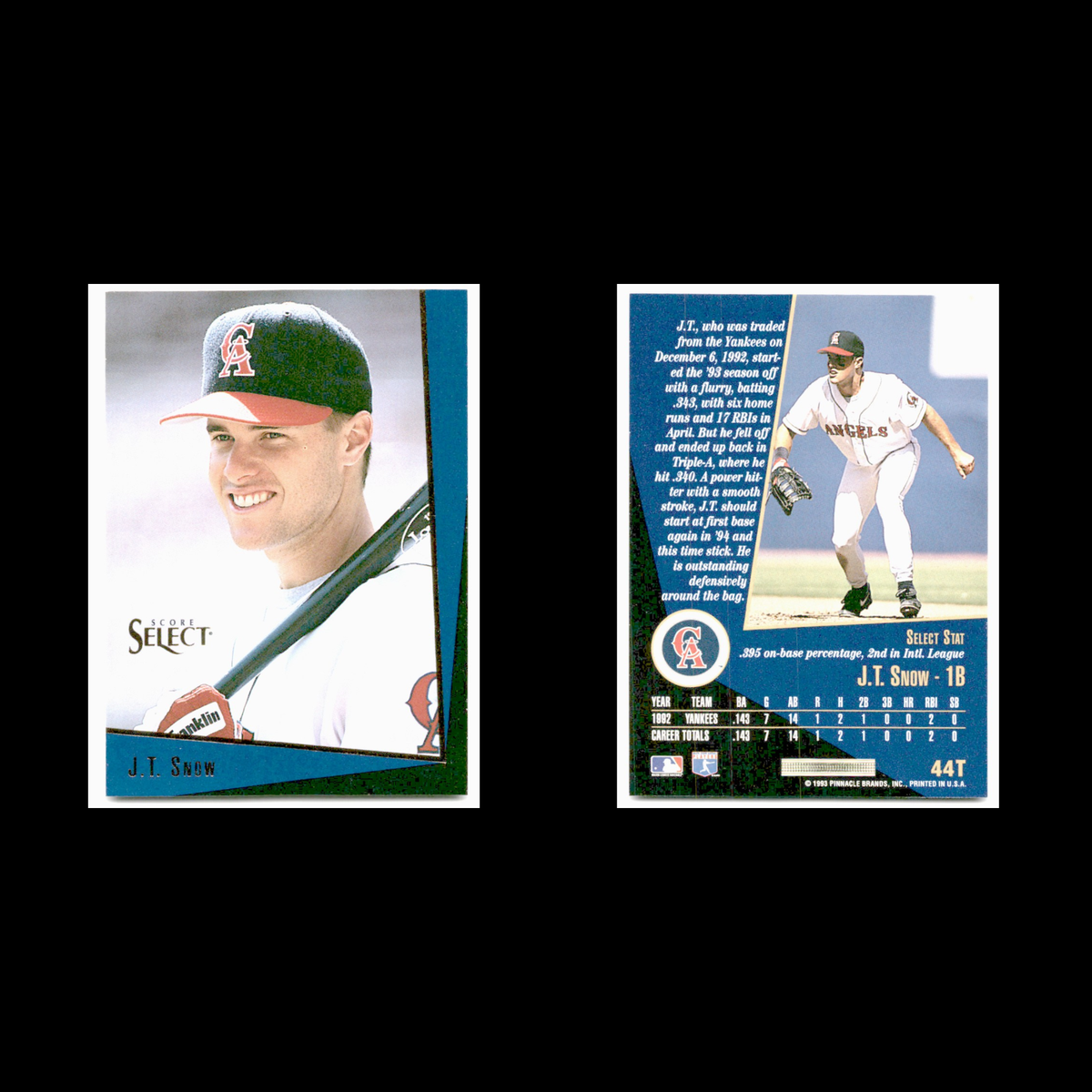 J.T. Snow #44T 1993 Select Rookie/Traded California Angels Baseball Card MLB NM