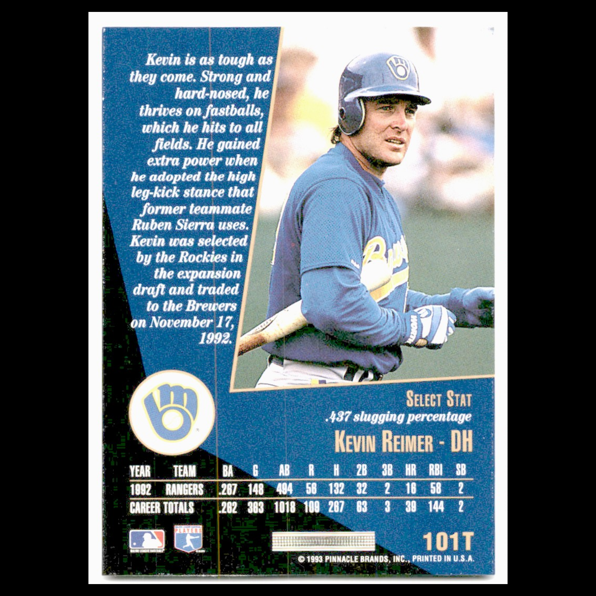Kevin Reimer #101T 1993 Select Rookie/Traded Milwaukee Brewers Baseball Card MLB